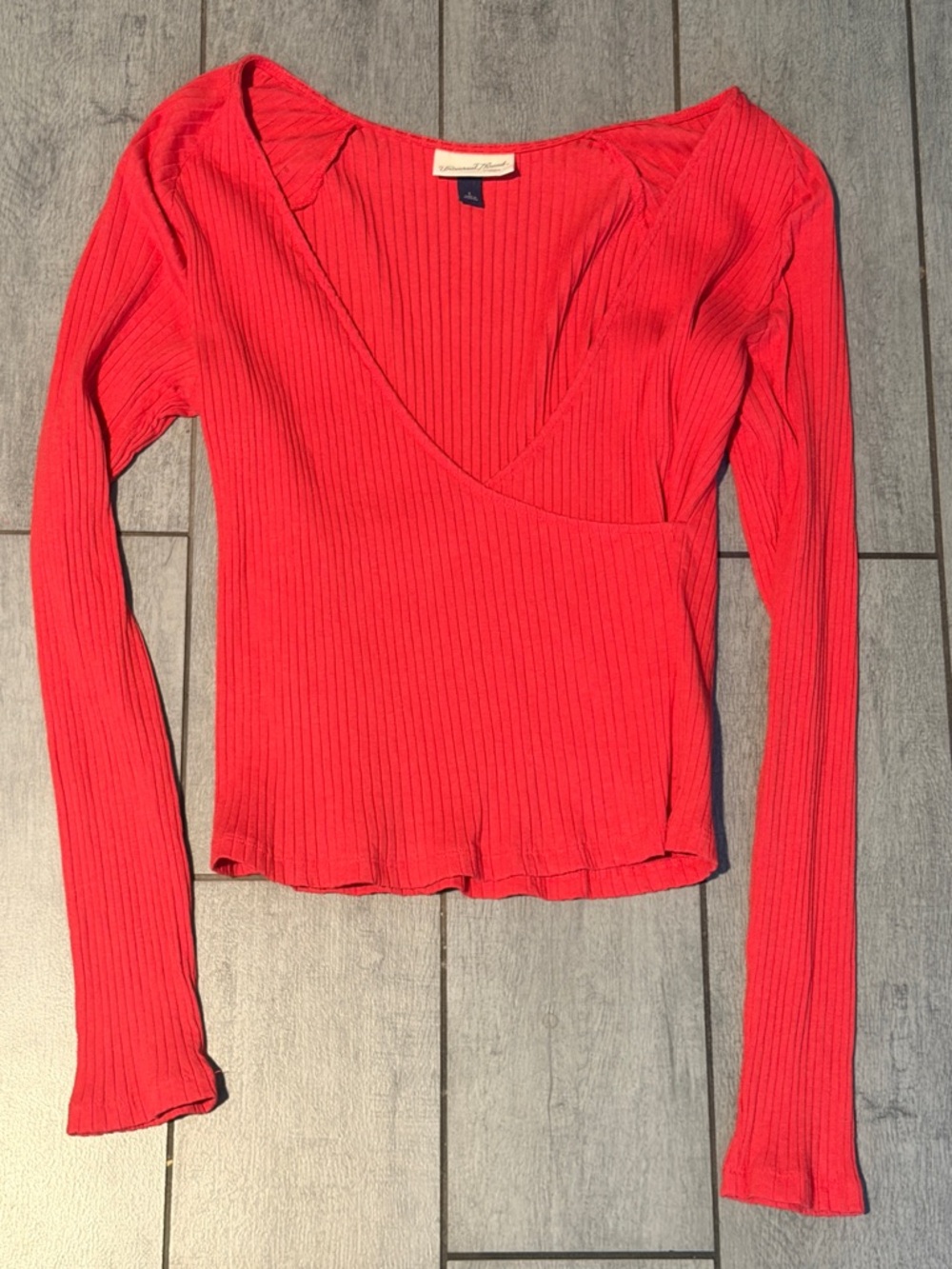 Red Ribbed Surplice Long Sleeve Top